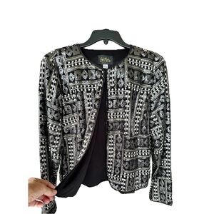 BOB MACKIE, BLACK/SILVER POLYESTER JACKET WITH EMBROIDERED DETAILS. SIZE 16